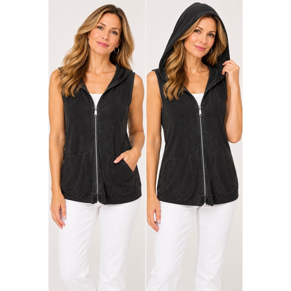 Chicos Travelers Women Sleeveless Hoodie Vest Size 1 Black Zip Up Athleisure